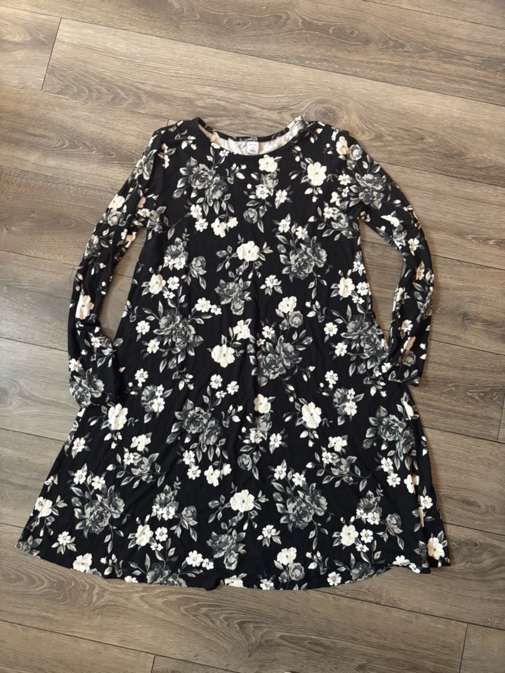 Old Navy Black Floral Long-Sleeve Swing Dress